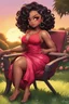 Placeholder: Against a background wash of golden sunset, a curvy chibi black female cartoon bombshell lounges on a lawn chair facing right. Her cascading black hair twists loosely halfway up, the rest falling around her shoulders. Dramatic makeup in sultry shades of brown and pink bring out her large, lined brown eyes. She sits sideways in a form-fitting red maxi dress, resting her rounded face on one hand as the other smooths the billowing fabric over her ample hips.