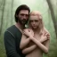 Placeholder: A photo realistic portrait of a beautiful scared blonde girl and a handsome muscular dark haired man in a lovers embrace standing in a forrest