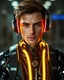 Placeholder: Realistic Photography facing front Handsome man super model brown hair science fiction style humanoid half with full body cyborg mechanicals and cybernetics lights wearing headphones,she on standing cool pose