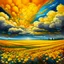 Placeholder: surreal fields of color, oil on canvas, endless warm fields full of golden yarrow under the sun, surreal thunder clouds --v 6.0 --style raw