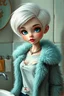 Placeholder: photorealistic impasto impressionist digital oil painting of a vintage styled cartoonish high Brats doll, white hair, fur turquoise coat and torn t-shirt, , ethereal, in the bathroom,she has short hair like audrey hepburn