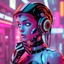 Placeholder: a cyberpunk feminine android robot, bright colours, futuristic, dystopia, stylised, digital art, 3d render