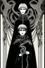 Placeholder: 7 year old boy, necromancer, friendly, looks dead,with a lamprey serpent , wearing black robes, in the style of Harry Clarke
