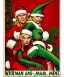 Placeholder: two elves. woman and man. Christmas scene. poster. marvel comic. low-key