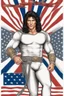 Placeholder: 20-year-old, extremely muscular, short, curly, buzz-cut, military-style haircut, pitch black hair, Paul Stanley/Elvis Presley/Keanu Reeves/Pierce Brosnan/Jon Bernthal/Sean Bean/Dolph Lundgren/Patrick Swayze/ hybrid, as the extremely muscular Superhero "SUPERSONIC" in an original patriotic red, white and blue, "Supersonic" suit with an America Flag Cape,