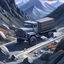 Placeholder: colored Concept art painting of a truck for collecting fossils in mountains