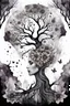 Placeholder: double exposure dry tree with fantasy flowers and profil one fairy face, black and gray and silver watercolor with weet ink, deep dark , surreal, dramatic atmosphere. intricate, stunning textures , mystery. stunning illustration