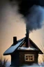 Placeholder: mysterious smoke coming from a chimney of a cottage in winter