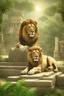 Placeholder: tropical jungle and animals ancient ruins, lion