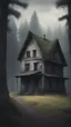 Placeholder: There is an old house against the background of the forest, gloomy style