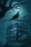 Placeholder: An old English mansion on a hill on a stormy night. A large crow is watching the flickering light from a window. The crow is on a branch in a large, leafy, horse chestnut tree.