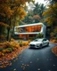 Placeholder: Cozy retreat, futuristic modern house in an tropical forest of vibrant colors. Contemporary design, clean lines and large windows, radiate a feeling of warmth and comfort. A white car parked on the winding road that leads to the house gives a touch of modernity to the rustic surroundings. The path is scattered with leaves. Around the house, mix of green, orange and yellow foliage. 8k