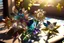 Placeholder: Coloured glass flowers set with gemstones, glittering metal stems and gemstone leaves on a room table sharp focus elegant extremely detailed intricate very attractive beautiful dynamic lighting fantastic view crisp quality exquisite detail in the sunshine gems and jewels