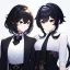 Placeholder: Clear focus, High resolution, short black hair, white and black hair, 2 hair colors, black eyes, wearing a black jacket and a white shirt, wearing a black skirt, 1girl, Genshin impact, long locks, long eyelashes, black tie