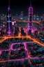 Placeholder: Create a top-down view of a board game map set in 1980s Europe with a cyberpunk aesthetic. The map should be divided into distinct and vibrant areas, each representing a different theme: