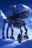 Placeholder: a mechanical walker with eight legs scaling a very steep snow covered side of mout everest at night, it has a smooth surface, it has storage pods on its belly human can fit in the pods