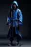 Placeholder: young human rogue in blue accented kimono clothing hood down full body