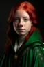 Placeholder: A girl with red hair and green eyes and she is wearing a Hogwarts robe