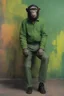 Placeholder: Roddy McDowall as Cornelius the chimpanzee from Planet of the Apes wearing a green jacket, an olive green t-shirt and dark green trousers with black slip-ons - extremely colorful, multicolored paint splattered wall in the background, oil painting by Leonardo da Vinci