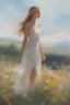 Placeholder: Fantasy illustration, Oil painting style, a sunlit meadow with wildflowers flowing in the wind, extremely beautiful girl in a white summer dress standing there enjoying the warmth of the sun, hands playing with the flowers, playful atmosphere, detailed illustration, beautiful color palette, incredible details, in the style of Leonardo Da Vinci, oil painting, heavy strokes, paint dripping