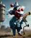 Placeholder: mechanoid happy friendly fat clown playing jazz with a steampunk theme, trumpet, realistic