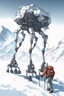 Placeholder: a mechanical walker with eight legs scaling a very steep snow covered side of mout everest at night, it has a smooth surface, it has storage pods on its belly human can fit in the pods