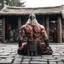 Placeholder: muscle viking back on his knees on a plazza, hands in the viking village, ready to have his bloody back opened for execution and lungs open to the outside: this is the blood eagle ritual execution