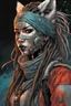 Placeholder: front facing full length portrait illustration of a grunge armored female , beaded dreadlock hair, cyberpunk vampire mercenary wearing an ornate kitsune noh mask , and shemagh, highly detailed with gritty post apocalyptic textures, caught in a cosmic maelstrom of swirling gases , finely detailed facial features and hair, in the graphic novel style of Bill Sienkiewicz, and Jean Giraud Moebius, ink wash and watercolor with realistic light and shadow