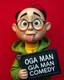 Placeholder: A nimated character with a round face, prominent eyes, and a small, protruding tongue. He is wearing glasses, a green jacket with a yellow collar, and a badge on his jacket that reads 'IKENGA Obodo Oma!'. He holds a black signboard with white text that reads 'OGA MAN COMEDY'. The character is positioned against a red background.