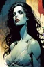 Placeholder: create a hardened, vampire girl in the comic book art style of Mike Mignola, Bill Sienkiewicz and Jean Giraud Moebius, , highly detailed,, grainy, gritty textures, , dramatic natural lighting