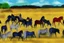 Placeholder: illustration horses of different colors in a field from afar