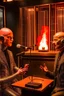 Placeholder: Two radio hosts are face to face in a burning radio studio. The host on the left is a bald human metal fan. The host on the right is a ridiculous robot.