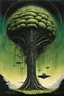 Placeholder: The giant is planting a big green tree, first contact concept art, by Colin McCahon and Jim Burns and Brian Despain, by H.R. Giger, silkscreened mind-bending illustration; sci-fi poster art, asymmetric, futurism