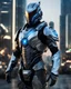 Placeholder: Create an image of a character in a highly detailed and advanced armored suit, similar to the one shown but with even more intricate designs and cool features. The armor should have a sleek, futuristic look with glowing elements and enhanced gadgets visible on the suit. The setting is at dusk in an urban environment, with the character standing on a high-rise building overlooking a cityscape that reflects the advanced technology of the world they are protecting.