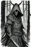 Placeholder: An asian warrior in a dark robe with a hood, sporting a crepy demonic evil character mask. The setting appears to be a dark and eerie environment, a dungeon, a haunting forest or old dark ruins.