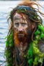 Placeholder: determing wet pirate nereid male with seaweed in auburn hair