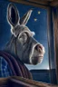 Placeholder: grandpa donkey portrait with background star field seen in the window of a boat, 4 k, trending art, depth of field, high detail, high contrast