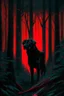 Placeholder: in the style of William Adolphe Bouguereau, a monstrous black dog with red, glowing eyes in a dark forest