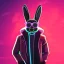 Placeholder: stylized Rabbit, smiling, cyberpunk headphone, sunglass, gangsta gold neckless, full body, magenta puffer jacket, manila city backdrop, dramatic lighting, hyper realistic, unreal engine 5, 16k