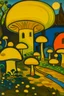Placeholder: A yellow neighborhood with glowing mushrooms designed in African pottery painted by Alexej von Jawlensky