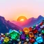 Placeholder: photoreal, 2d art, colorful gemstones making a colorful representation of a sunrise coming over a mountain range, gemstone art mosaic, HD, crystal textures