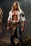 Placeholder: stunningly handsome viking warrior king, muscular, long blonde hair, male age 30, wearing jeans and a white button up shirt, tan skin, tattoos,photorealistic 4k modern fantasy