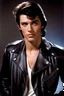 Placeholder: head and shoulders portrait -- dark brown wood panel background with an overhead spotlight effect, 18-year-old Wendy Breeze, Resembles Elvis Presley, with Black hair, blue eyes, perfect stacked body, head and shoulders portrait, wearing a black leather jacket, cut off t-shirt, full color -- Absolute Reality v6, Absolute reality, Realism Engine XL - v1