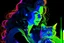 Placeholder: black light art, neon lines, contented brunette woman with fluffy kitten seeking something in the distance