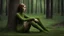 Placeholder: woman made of tiny green leaves, legs and arms made from branches, sitting next to a tree stump, in a green wood