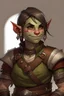 Placeholder: Dungeons and dragons orc tomboy. She has gray skin. She is kind. She is handsome. She has nice eyes. She has short hair. She is strong. She is in a tavern. She has broad shoulders. She has a large jaw. She has small tusks and a wide smile. Realistic style