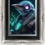 Placeholder: cyberpunk style ink small bird picture in detailed frame, big black eyes, unreal engine 5, 8k resolution, photorealistic, ultra detailed, frame extreme accurate