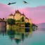 Placeholder: a photo of the château Chillon in pink with a yellow sky and doves fliying around