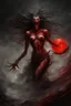 Placeholder: A dramatic digital painting portraying a horror monster under the Red Moon, veins pulsing, claws of temptation visible, soul in turmoil. In the style of Luis Royo and Boris Vallejo, vivid colors, swirling brushstrokes, highly detailed, 8k resolution, surrealistic., juicy emotions, painting, gloomy fantasy, gloomy day, dark world, portrait, oil and graphite, wide strokes, a weaving frame around, by Ryohei Hase, Agnes Cecile, Raymond Swanland, Anne Bachelier