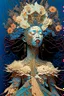 Placeholder: The surreal picture entitled "Queen of the damned" depicts an Ethereal woman wearing an intricately detailed gown made of quilling made of objects from nature who has flowers cascading down from the top of her head", hyper-detailed, constructivism, stunning, dynamic, Victo Ngai, Michelangelo, Dali